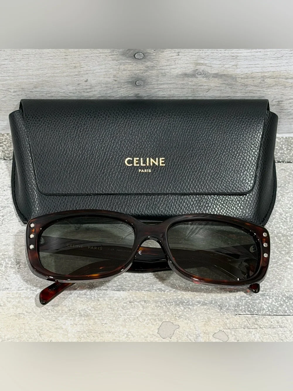 CELINE Paris Tortoiseshell Acetate Sunglasses with Green Lenses and Case